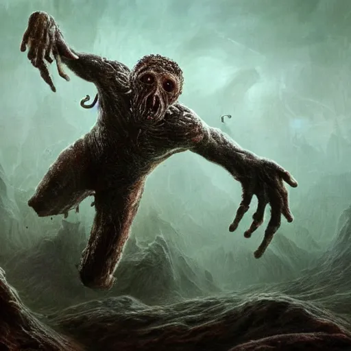 Prompt: mark zuckerberg clawing away his own skin to reveal the monster underneath, like a parasite escaping it's host, epic fantasy painting, cinematic pose