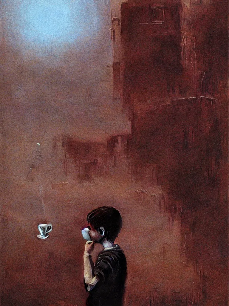 Prompt: boy drinking coffee, psx game graphics , Beksinski painting