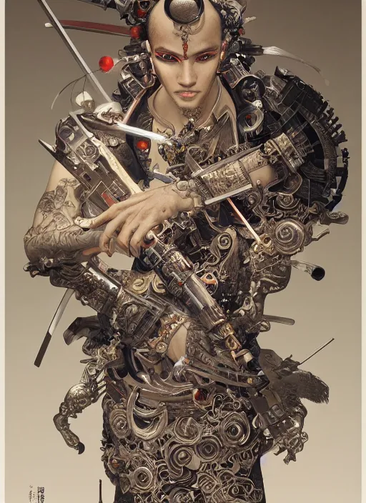 Image similar to portrait of a seductive cyborg yakuza with weapons, imari, modern fine art, fractal, in the style of ghosts in the machine, intricate ornaments, elegant, highly detailed, digital photography, subsurface scattering, by mc escher and greg rutkowski,