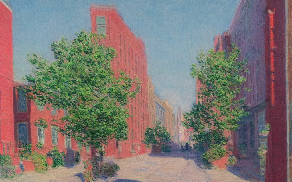 Image similar to photograph of guernsey street in greenpoint brooklyn, oil painting by monet, pastel color palette