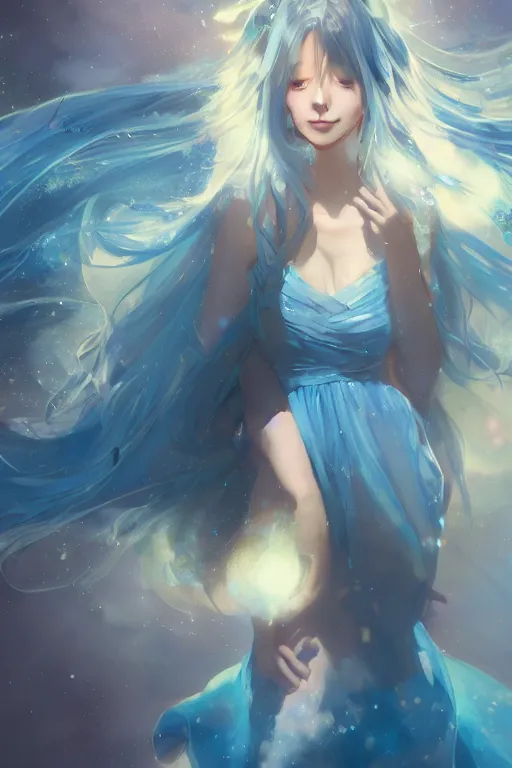 Prompt: 4k centered detailed portrait of a beautiful intimate woman with long blue cosmic hair and a beautiful blue dress, by Greg Rutkowski and ross tran. Anime, volumetric lighting