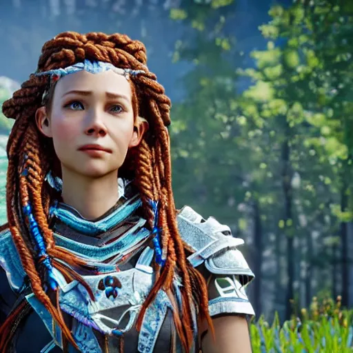 Prompt: alloy with ukrainian crown braids in horizon : zero dawn