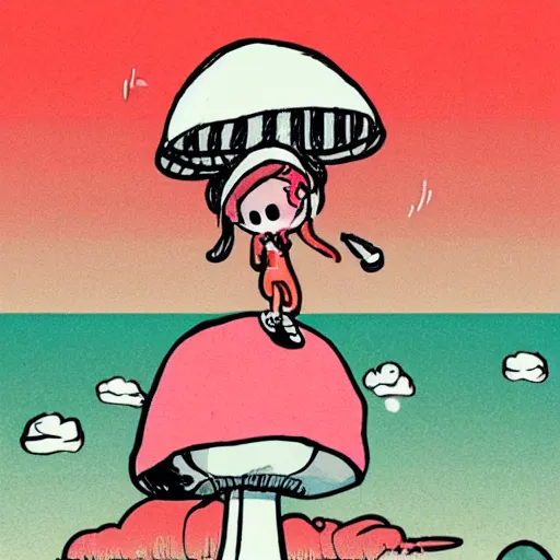 Image similar to lofi hip hop girl thumbnail with nuclear mushroom cloud in the background