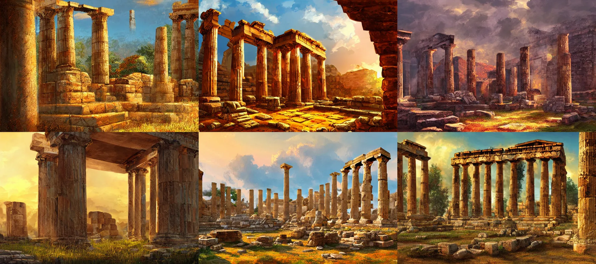 Prompt: ancient greek ruins, digital painting, concept art, fantasy, colourful, golden hour