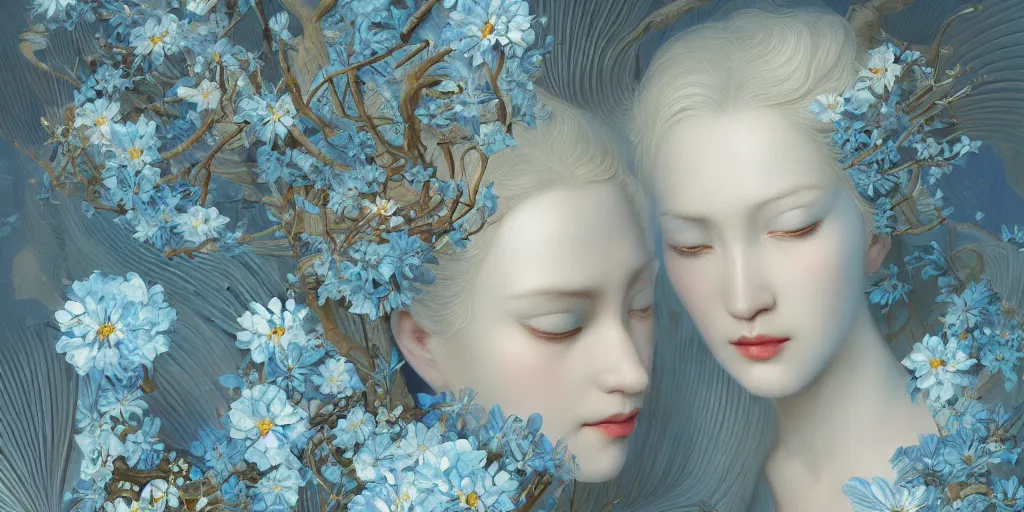 Image similar to breathtaking detailed concept art painting art deco pattern of blonde faces goddesses amalmation light - blue flowers with anxious piercing eyes and blend of flowers and birds, by hsiao - ron cheng and john james audubon, bizarre compositions, exquisite detail, extremely moody lighting, 8 k