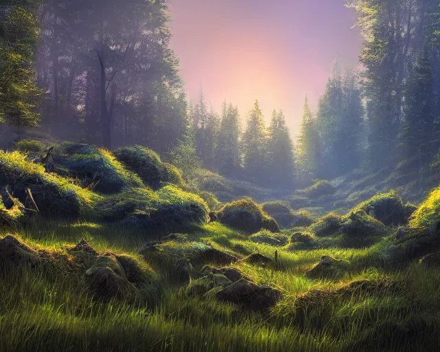 Prompt: Small clearing of vibrant green grass under a blue sunlit sky, surrounded by dense creeping forest with short dark trees, 4k landscape, 1000 hour digital artwork by Noah Bradley