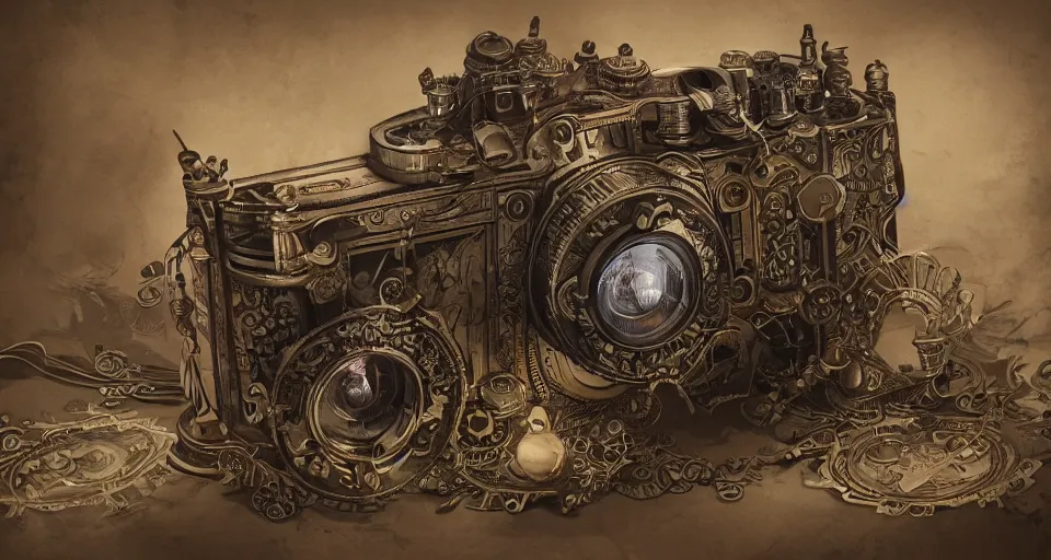 Prompt: A beautiful artwork illustration, extremely detailed and advanced steampunk-themed camera , featured on artstation, wide angle, horizontal orientation