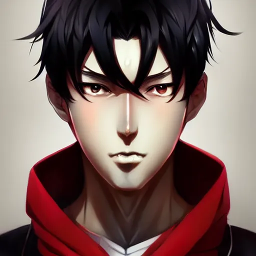 Image similar to anime portrait of a slick black hair guy with red eyes by stanley artgerm lau, wlop, rossdraws, james jean, andrei riabovitchev, marc simonetti, and sakimichan, trending on artstation