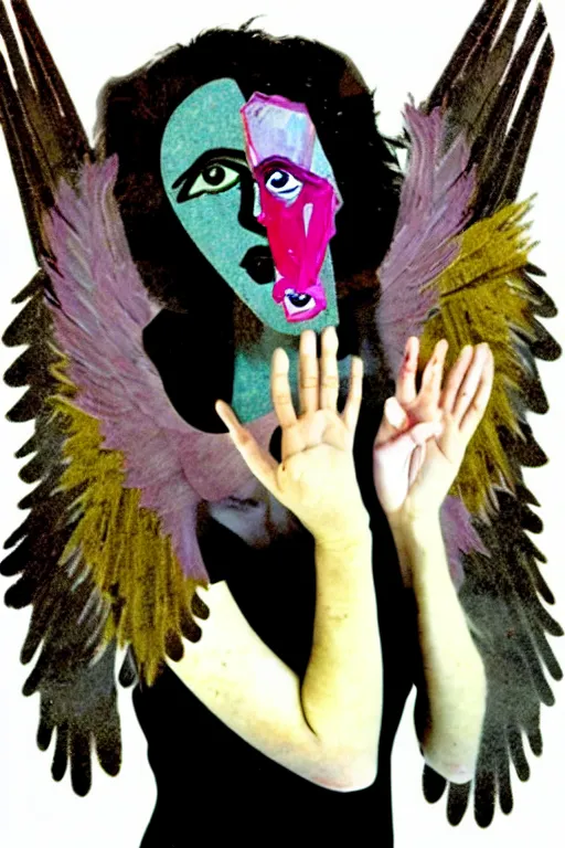 Prompt: a young adult angelgirl soft crying with lots of hands on her face and ratty feathered angel wings, stressed and burnt out, collage by kurt schwitters and eileen agar