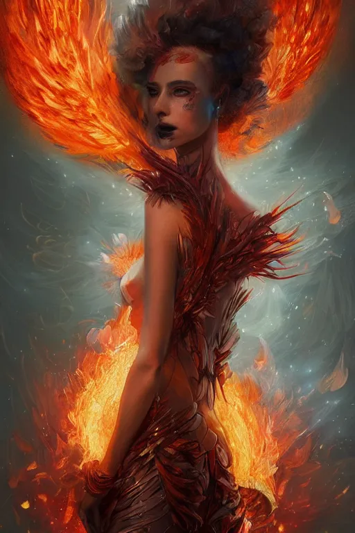 Prompt: torso closeup model wearing exploding glass fire lava dress, sorcerer in feathers, diamonds, angel, fantasy, dramatic lighting, highly detailed, digital painting, holding electricity, magic the gathering, hyper detailed, 3 d render, hyper realistic detailed portrait, peter mohrbacher, wlop, ruan jia