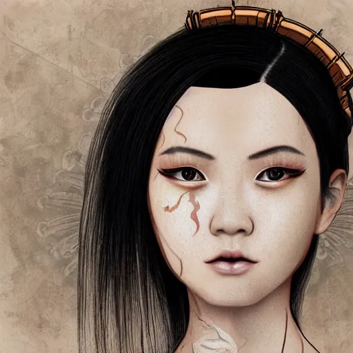 Prompt: portrait, chara design, steampunk style, full view portrait of a young chinese woman, burnt zigzag shapes on her face