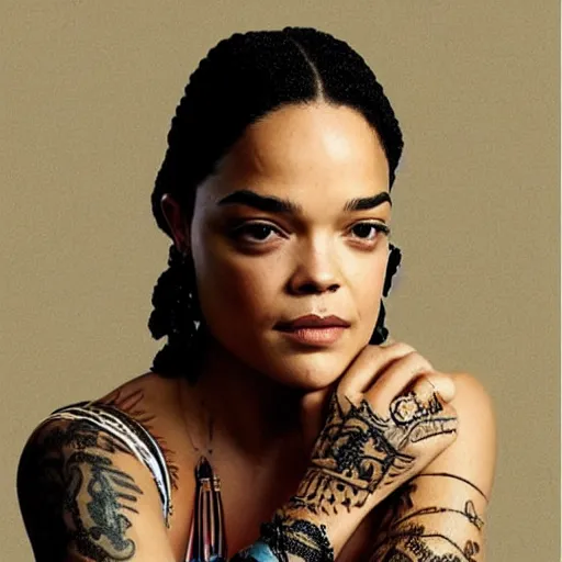 Prompt: A portrait of Tessa Thompson with exotic, intricate face tattoos , beautiful!!! digital art