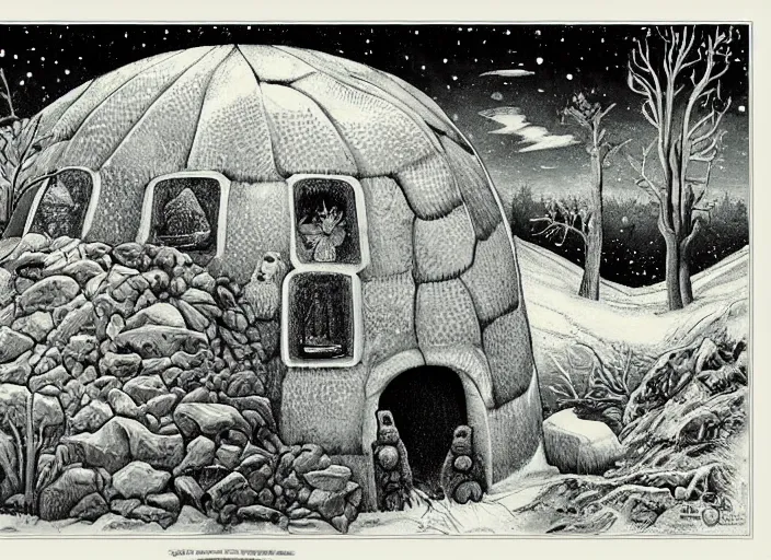 Image similar to an igloo with a chimney, walrus, polar bear, sleigh dogs, fish, giraffe, lowbrow in the style of mark ryden and ernst haeckel,