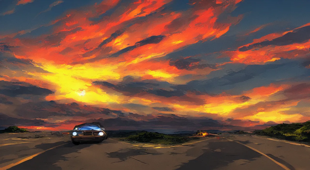 Image similar to sunset on highway beautiful sky southwest graphic novel illustration by frank miller concept art matte painting artstation 4 k