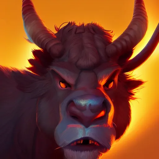 Image similar to Portrait of a Minotaur, golden eyes, dark hair, mattepainting concept Blizzard pixar maya engine on stylized background splash comics global illumination lighting artstation lois van baarle, ilya kuvshinov, rossdraws