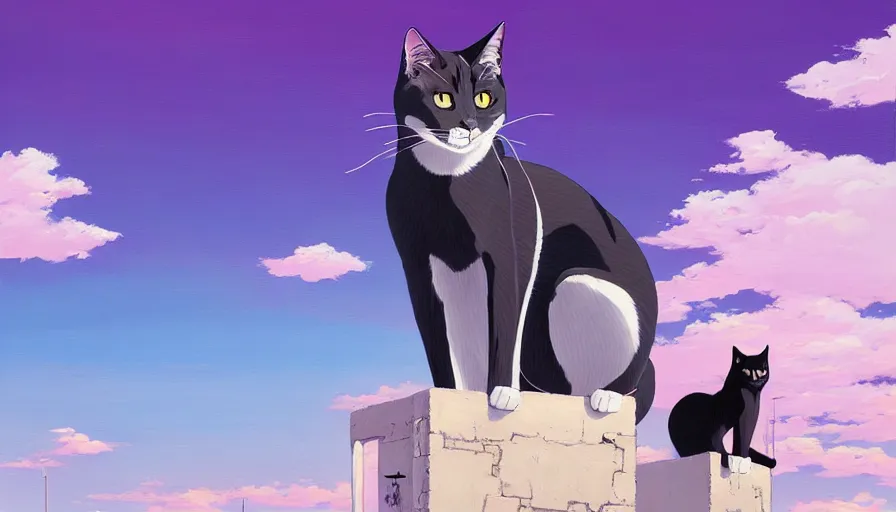 Image similar to highly detailed contemporary acrylic painting of really tall sitting cats by makoto shinkai, thick brush strokes and visible paint layers, glistening clouds in background, purpleb blue black, white and pink color scheme