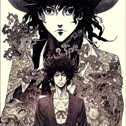 Prompt: prompt: Portrait painted in Cowboy Bebop style drawn by Vania Zouravliov and Takato Yamamoto, inspired by Fables, intricate acrylic gouache painting, high detail, sharp high detail, manga and anime 2000