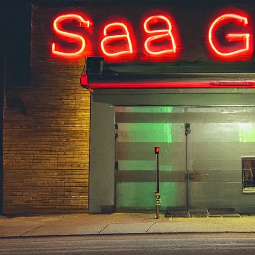 Image similar to a sidewalk covered in soap in front of a soap factory with a lit neon sign saying'soap factory ', bubbles float through the air