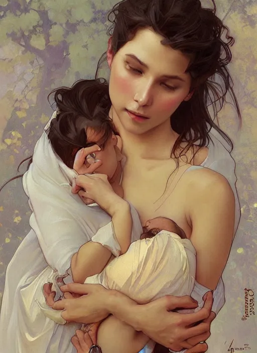 Prompt: a beautiful painting of a mother cradling her baby, stunning painting by by artgerm and greg rutkowski and alphonse mucha