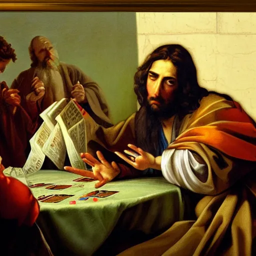 Prompt: a baroque painting of jesus playing poker