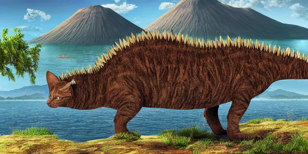 Prompt: a cat that looks like a stegosaurus walking through a Jurassic landscape with a lake and an active vulcano in the background, photorealistic digital art in the style of Henri Roussaue,