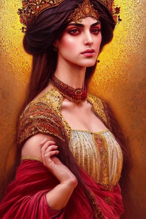 Image similar to Beautiful portrait of a Persian Princess who is an architect, beautiful princess, face painting, architecture, persian style architecture, dramatic lighting, intricate, wild, highly detailed, digital painting, artstation, concept art, smooth, sharp focus, illustration, black+velvet+red, art by artgerm and greg rutkowski and alphonse mucha, footage from space camera