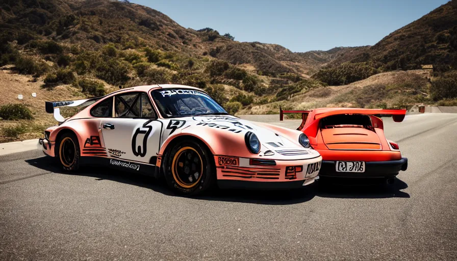 Prompt: photograph, PORSCHE RSR, IROC, by Pete Biro, Peter Singhof, press release, cinematic, malibu canyon, 8k, depth of field, bokeh. rule of thirds, copper accents