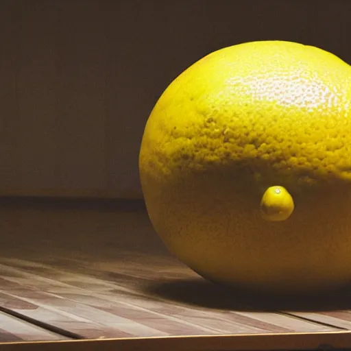 Image similar to a lemon next to a bowling ball