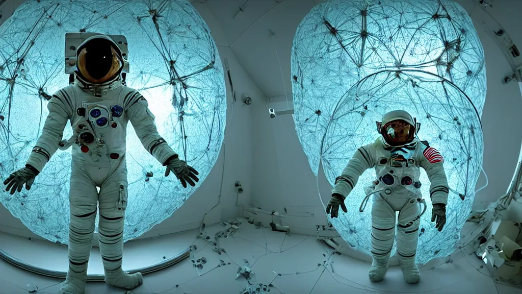 Image similar to a single astronaut eva suit made of diamond 3d fractal lace iridescent bubble 3d skin and covered with insectoid compound eye camera lenses floats through the living room, film still from the movie directed by Denis Villeneuve with art direction by Salvador Dalí, wide lens,