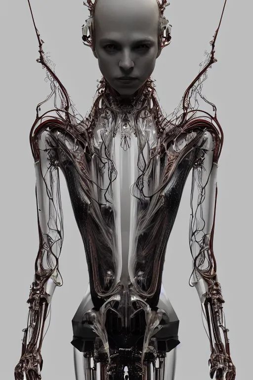 Image similar to iris van herpen baroque, perfect symmetrical body, helmet on face, full body shot, inflateble shapes, wires, tubes, veins, jellyfish, white biomechanical details, wearing epic bionic cyborg implants, masterpiece, intricate, biopunk, vogue, highly detailed, artstation, concept art, cyberpunk, octane render