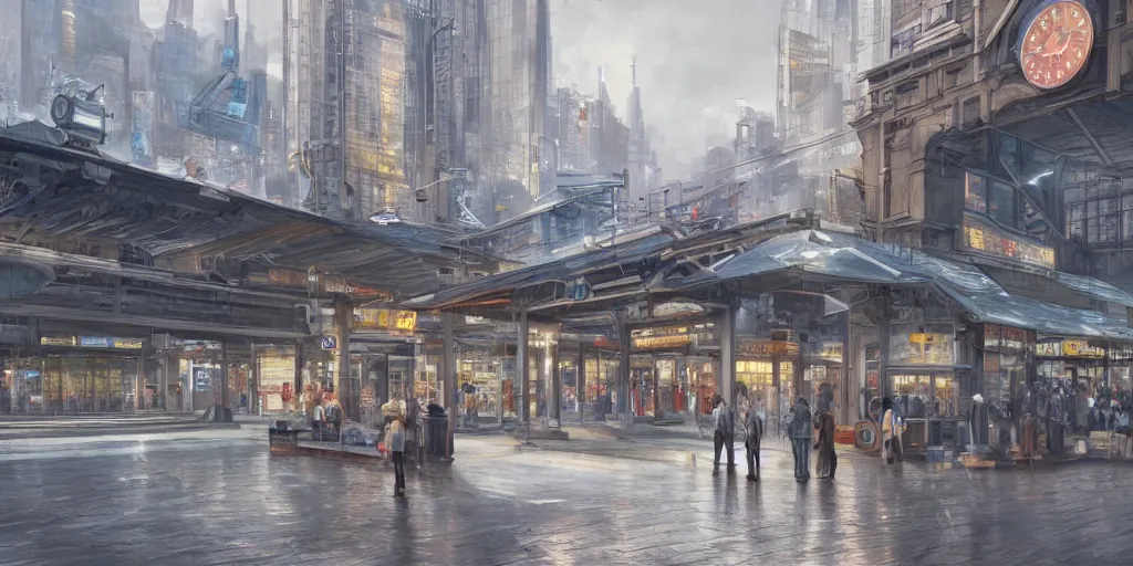 Image similar to 2 0 4 5 train station city landscale, concept art, illustration, highly detailed, artwork, hyper realistic, painting