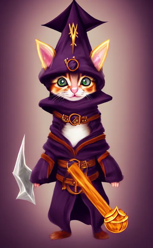 Image similar to a kitten wearing wizard robes and wizard hat, dungeons and dragons character art, dnd, character reveal, magic, posing, noble, full body portrait, high resolution, detailed, inspiring, award - winning, clear, crisp, sharp