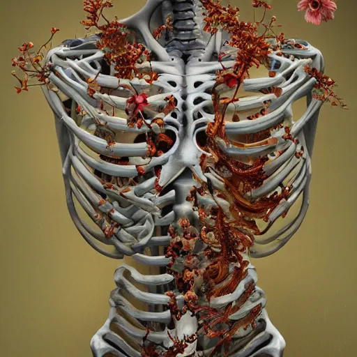Prompt: biomorphic painting of a skeleton with flowers, au naturel, hyper detailed, digital art, trending in artstation, cinematic lighting, studio quality, smooth render, unreal engine 5 rendered, octane rendered, art style by klimt and nixeu and ian sprigger and wlop and krenz cushart