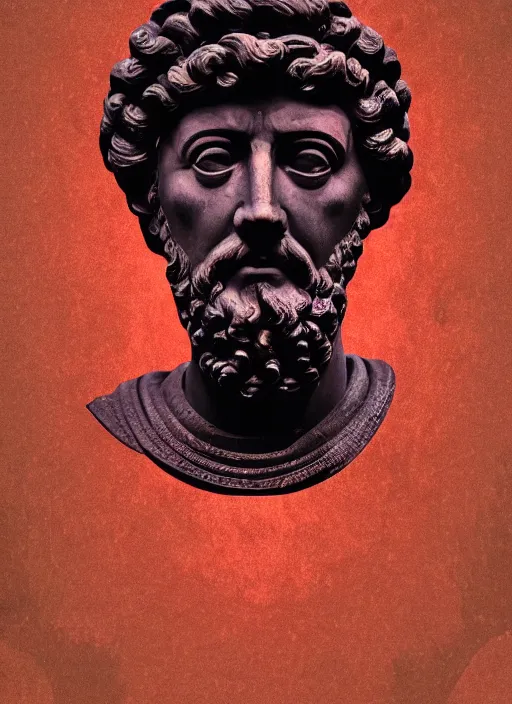 Prompt: design poster showing a statue of marcus aurelius, black background with very subtle red and purple design elements, powerful, nekro, graphic design, collage art, thin lines, dark, glitch art, neo vaporwave, gritty, layout frame, square, trending on artstation