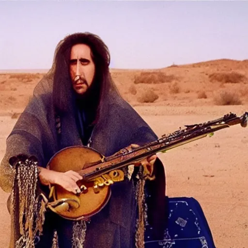 Image similar to Nicolas Cage as berber musicians, smoking hashish and playing string instruments in a dusty, sunny environment, a frame from an early star wars movie