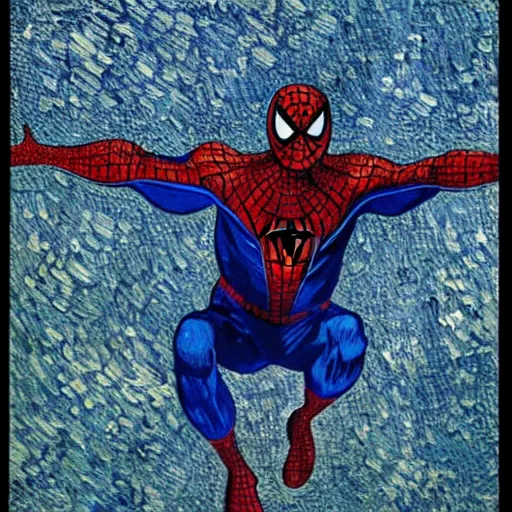 Image similar to a van gogh style painting of spiderman, 4 k, award winning, highly intricate