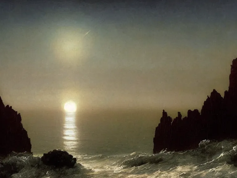 Image similar to an oil painting of an alien planet and the coastline of a black ocean at dawn, beautiful sky by beksinski carl spitzweg and tuomas korpi. baroque elements, full-length view. baroque element. intricate artwork by caravaggio. Trending on artstation. 8k