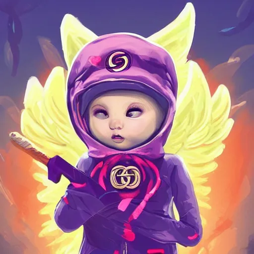 Image similar to baby Angel, baby cherub,wearing angel, face covered, Gucci, x logo, cross, Chanel, halo, ski mask, balaclava, face covered, wearing angel halo covered face, orange hoodie, hip hop, multiple golden necklaces, fantasy art apex fortnite Video game icon, 2d game art gta5 cover , official fanart behance hd artstation by Jesper Ejsing, by RHADS, Makoto Shinkai and Lois van baarle, ilya kuvshinov, rossdraws