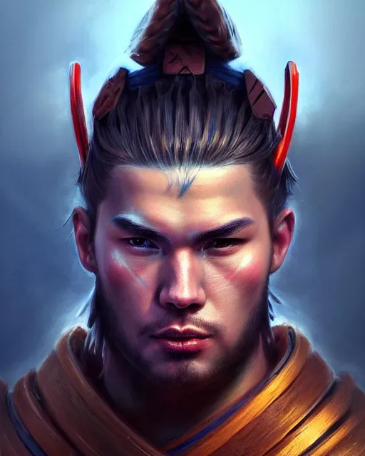 Image similar to face portrait of luka doncic as a muscular ronin samurai, wearing a haori, by wlop and peter mohrbacher, dramatic action pose, extremely detailed shading, concept art, digital painting, trending on artstation, unreal engine 5, octane render, atmosphere, glow, cinematic lighting, full of color