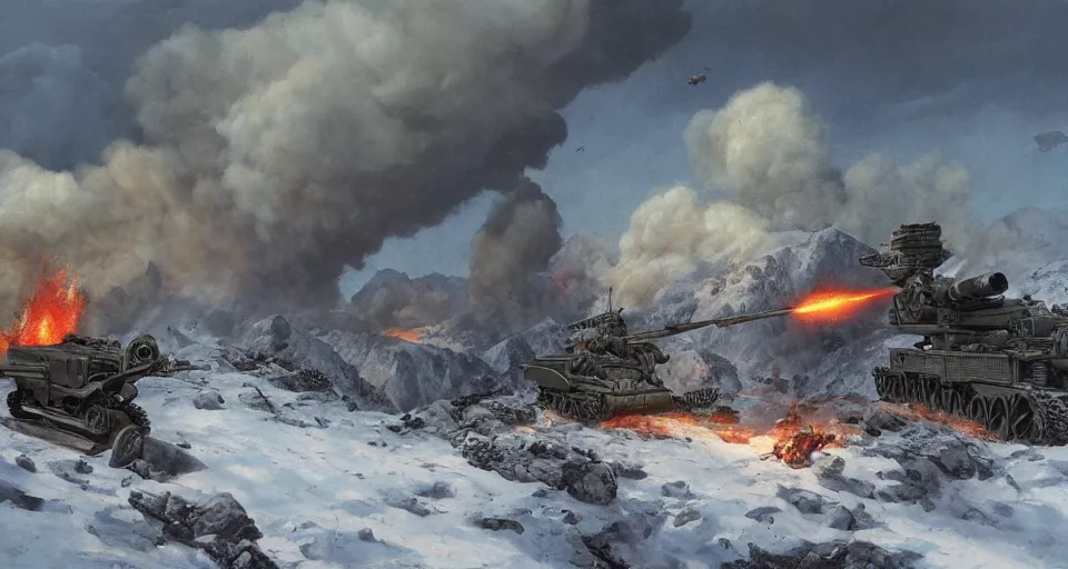 Image similar to second world war aftermath of huge battle on snowy mountain, with anti aircraft guns, with fire and smoke in the background by eugene von guerard, ivan shishkin, dramatic lighting, concept art, trending on artstation, 8 k