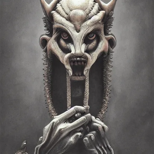 Image similar to a human with wolf head, naraka buddhist demon japan, thailand art, tubular creature, blood vesels, dystopian surrealism, artstyle alex ries zdzisław beksinski, symmetry accurate features, very intricate details, high resolution, symmetrical long head, smooth marble surfaces, detailed ink illustration, metal gear, cinematic smooth stone, deep aesthetic, concept art