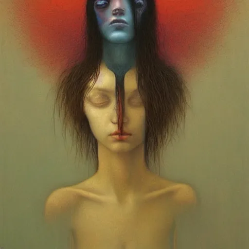 Image similar to young teen female with who has crow's head, painting by Beksinski