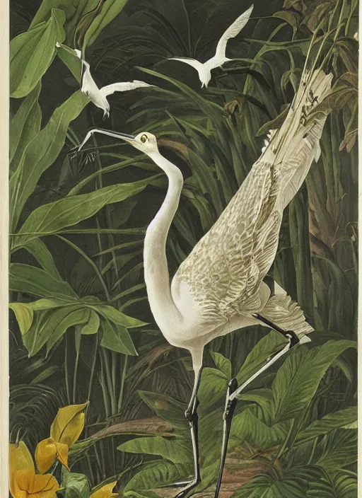 Image similar to tiger hunting a white crane, tropical plants, botanical, large exotic flowers, biology, by artist john audubon