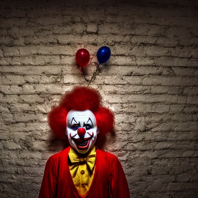 Prompt: creepy clown in a house at night, highly detailed, 8 k, hdr, smooth, sharp focus, high resolution, award - winning photo