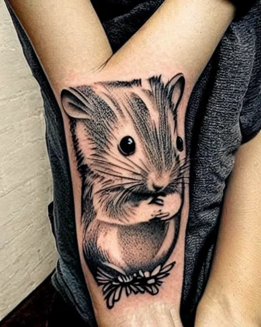 Image similar to creative double exposure effect tattoo design sketch of a hamster with a sunflower, realism tattoo, in the style of matteo pasqualin, amazing detail, sharp