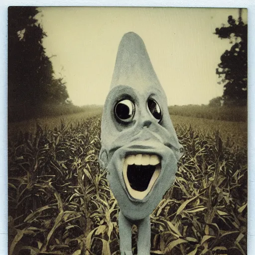 Image similar to an old polaroid of a creepy monster in a cornfield