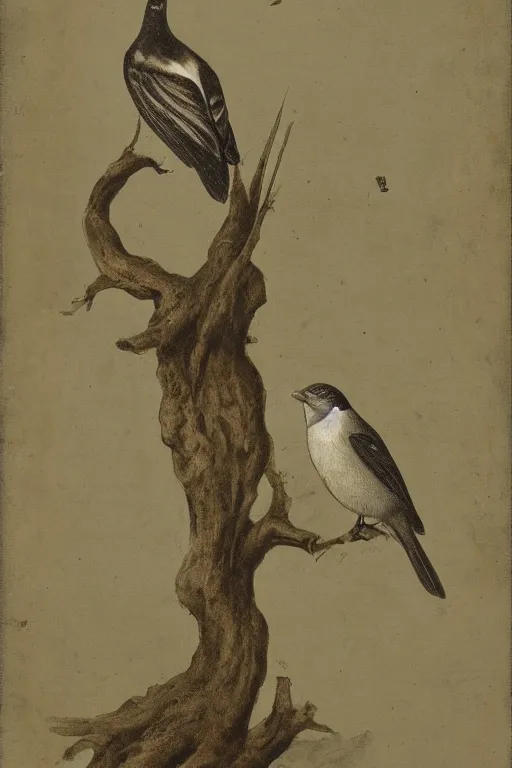 Prompt: mechanical composition of a bird standing on a tree branch, medical