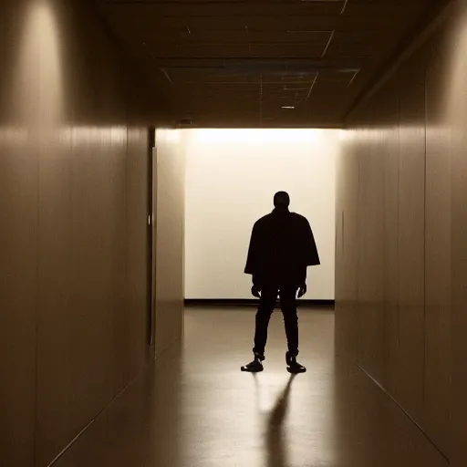 Image similar to kanye west in a long dimly lit office hallway, 4 k