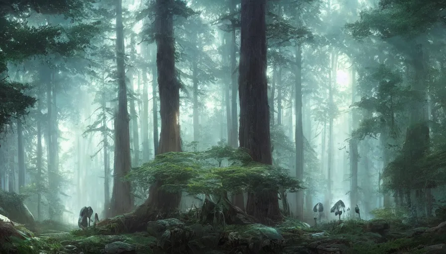 Prompt: beautiful ancient forest, matte painting, beautifully painted, beautiful lighting, enchanted forest, jeremy lipking, studio ghibli, princess mononoke, 8 k, rays of light, amazing detail, princess mononoke background paintings