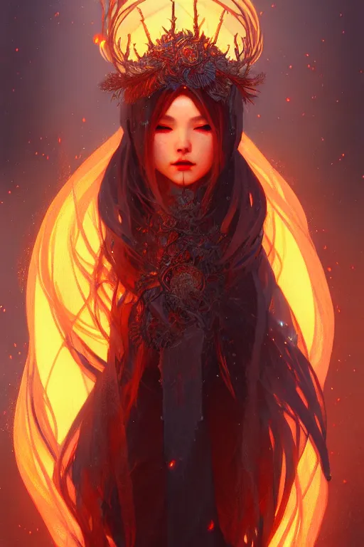 Image similar to beautiful ancient frost witch, flames all around, highly detailed, digital painting, artstation, sharp focus, illustration, art by tan zi and ayanamikodon and alphonse mucha and wlop